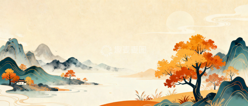 高清大图下载【趣麦麦图】国风水墨秋天背景11