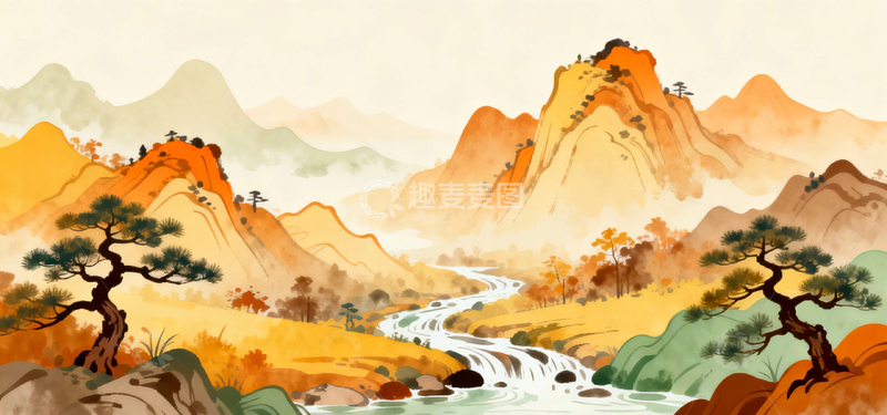 高清大图下载【趣麦麦图】国风水墨秋天背景2