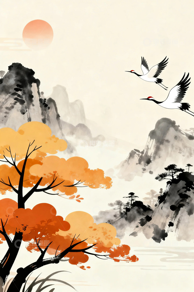 高清大图下载【趣麦麦图】国风水墨秋天背景12