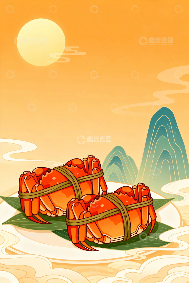 高清大图下载【趣麦麦图】大闸蟹国风背景5