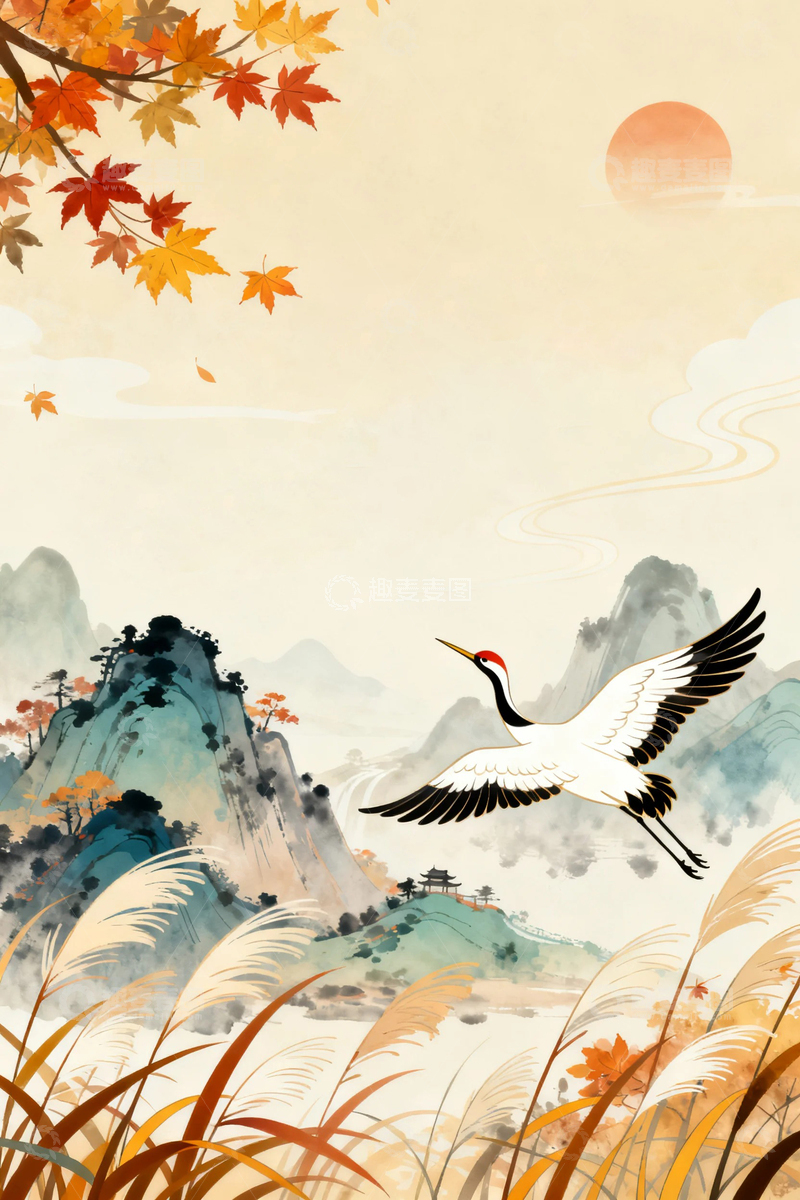 高清大图下载【趣麦麦图】国风水墨秋天背景3