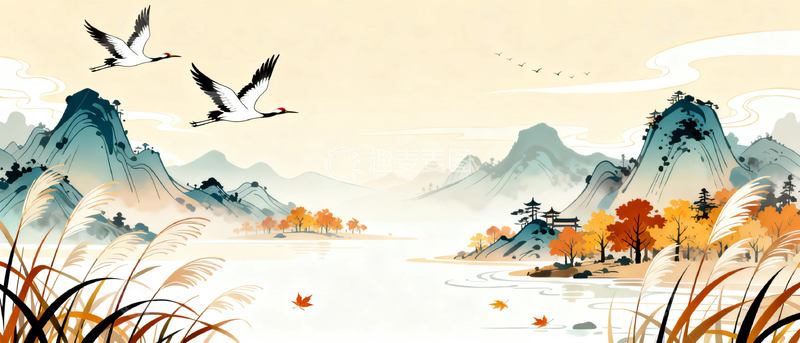 高清大图下载【趣麦麦图】国风水墨秋天背景8