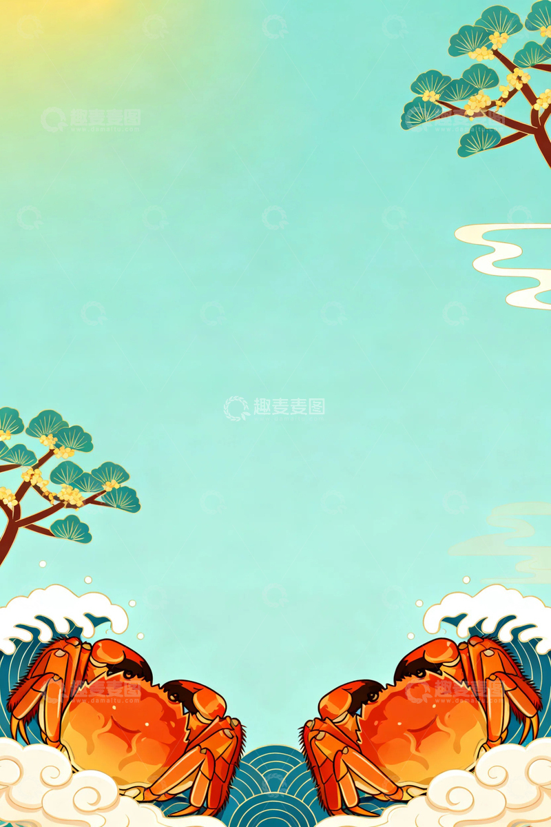 高清大图下载【趣麦麦图】大闸蟹国风背景2