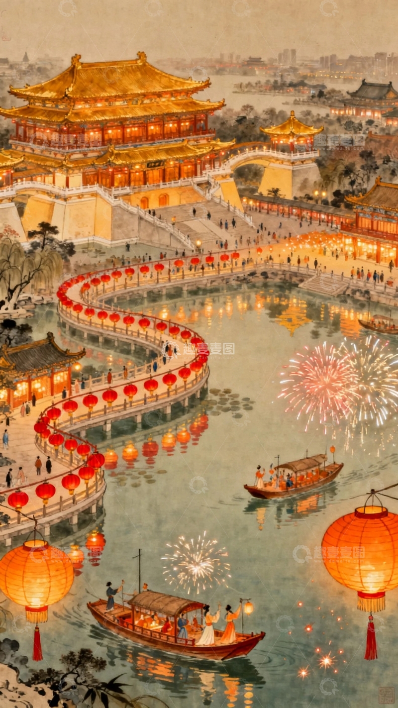 高清大图下载【趣麦麦图】国画工笔画节日背景12