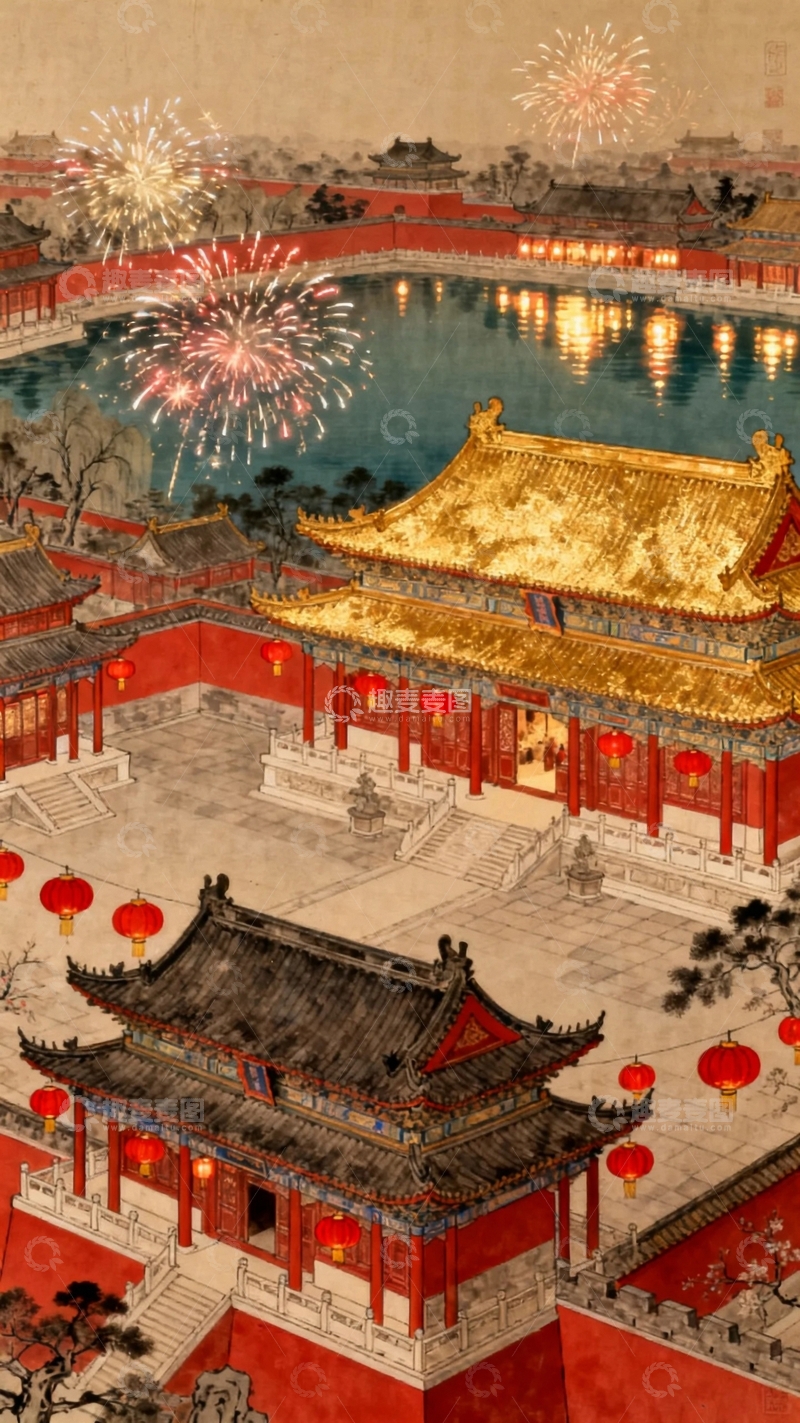 高清大图下载【趣麦麦图】国画工笔画节日背景11