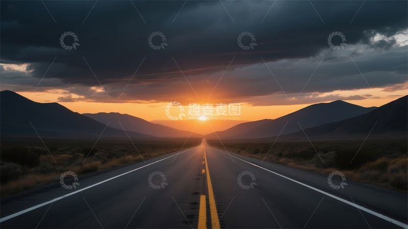 高清大图下载【趣麦麦图】公路日落壮丽风光