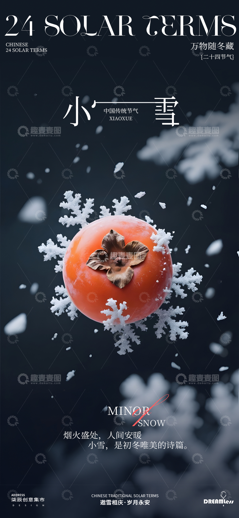 小雪节气柿子雪花艺术海报