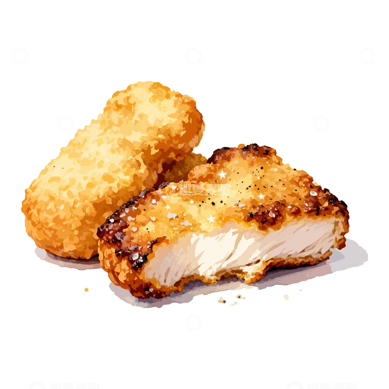 源文件下载【趣麦麦图】水彩炸鸡块美食插画