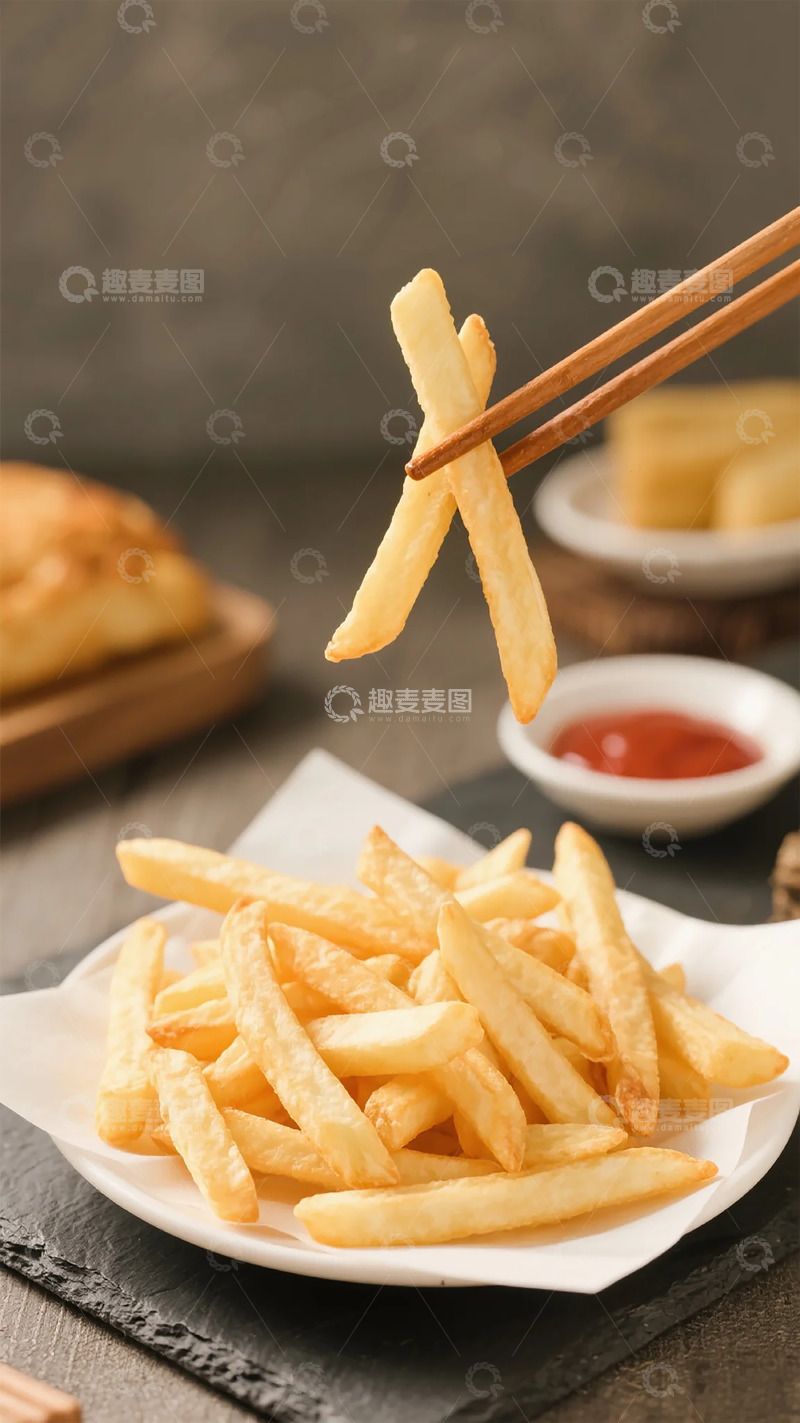 高清大图下载【趣麦麦图】筷子夹薯条美食摄影