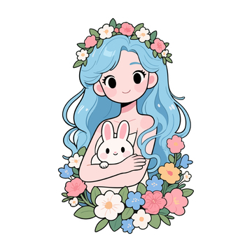 卡通少女与兔子鲜花插画