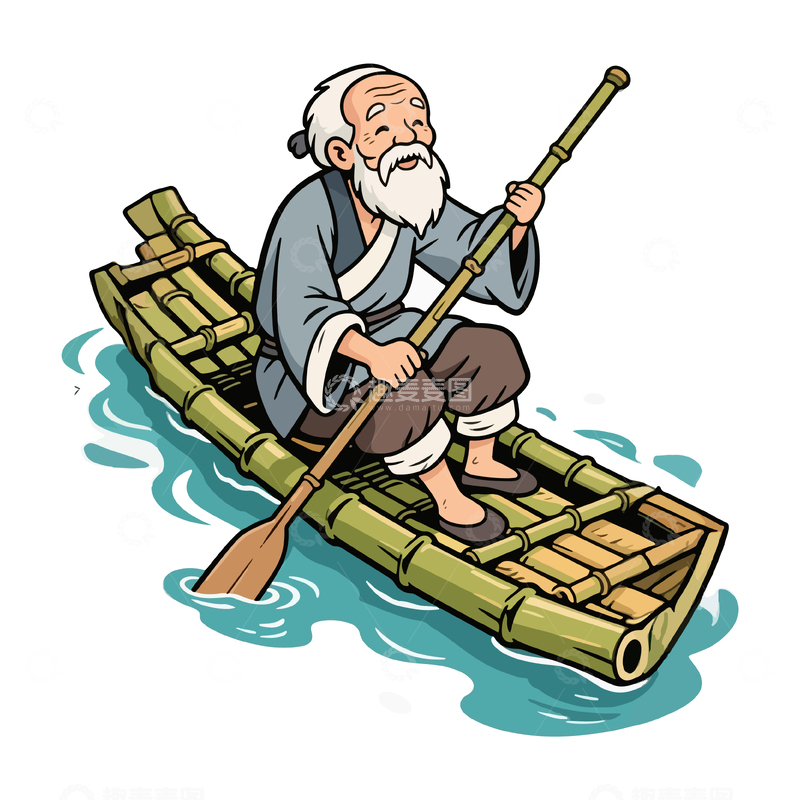 源文件下载【趣麦麦图】古风竹筏划船插画