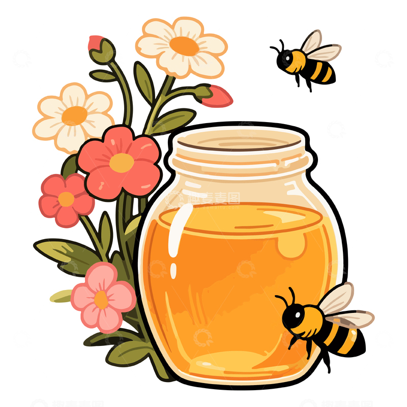 卡通风蜂蜜罐与花朵蜜蜂插画