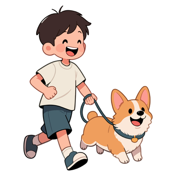 卡通小男孩遛狗插画