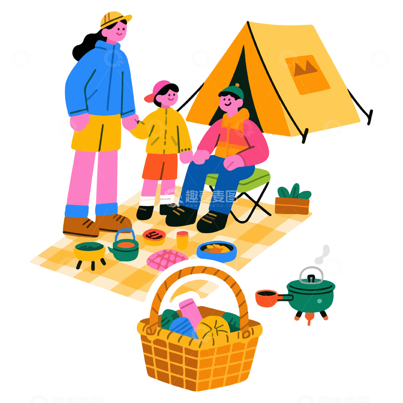 卡通家庭野餐露营插画素材