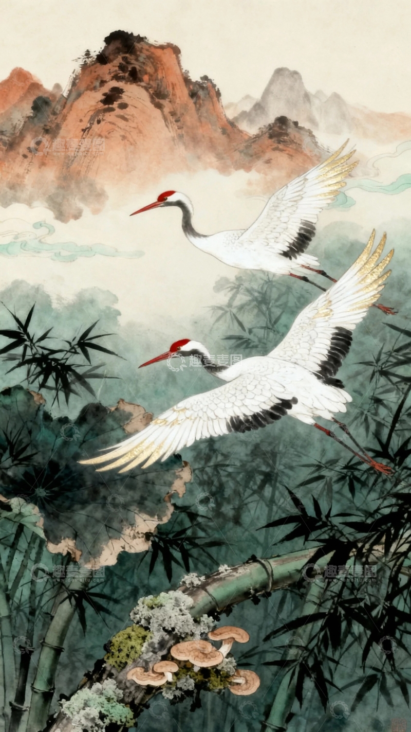 高清大图下载【趣麦麦图】工笔画仙鹤与大自然3