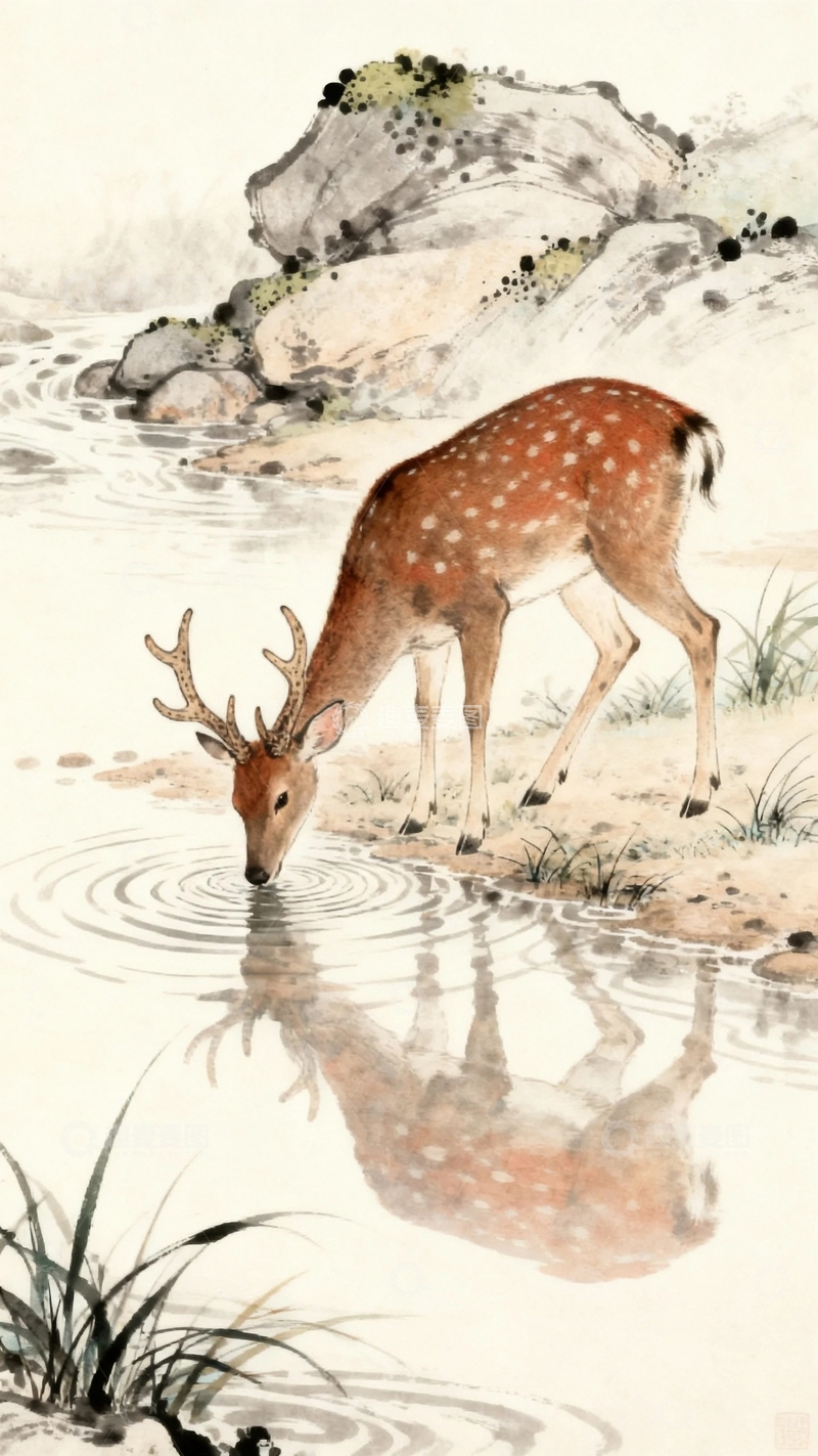 国风工笔画林间的梅花鹿4