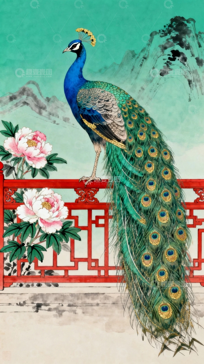 高清大图下载【趣麦麦图】国风工笔画孔雀图4