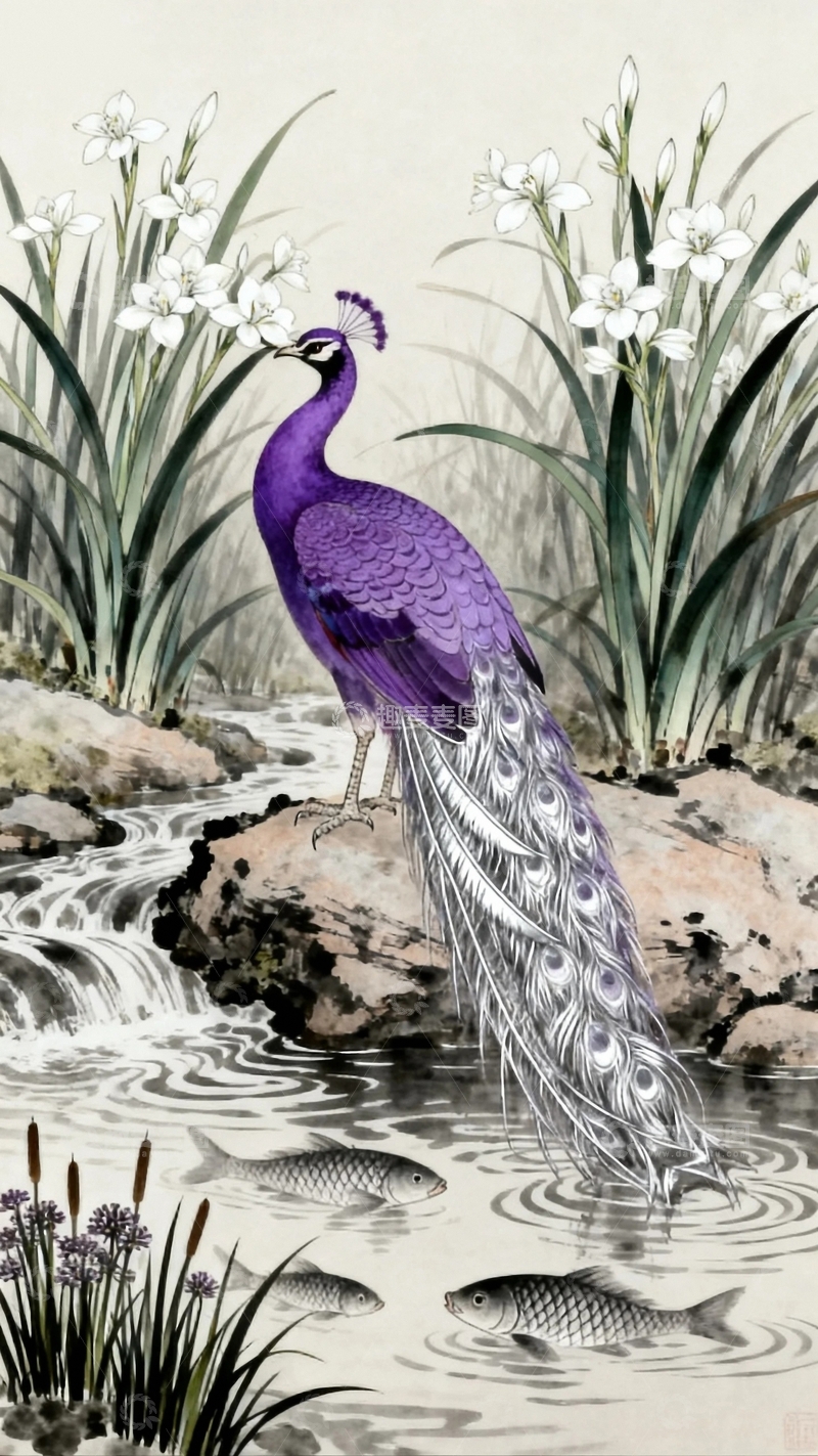 高清大图下载【趣麦麦图】国风工笔画孔雀图5