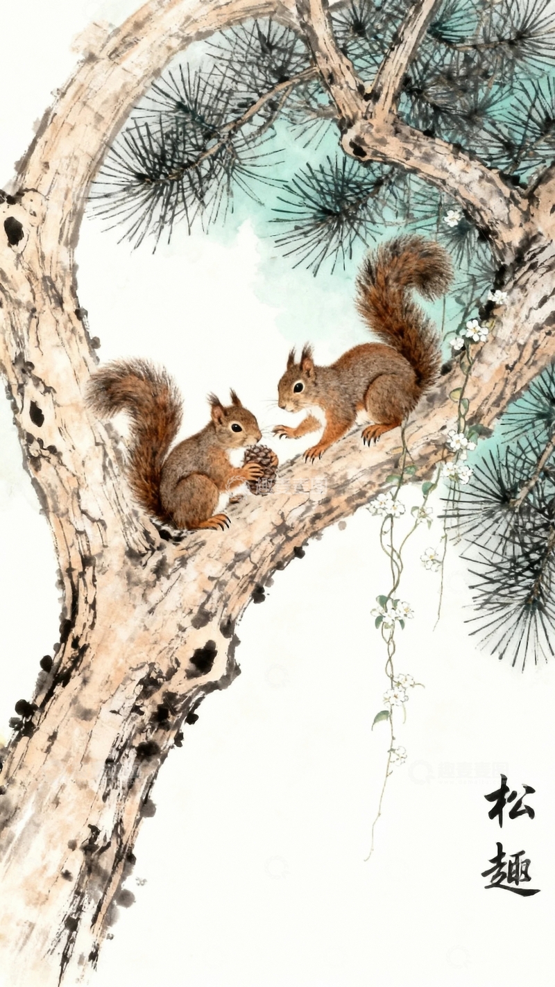 高清大图下载【趣麦麦图】工笔画林间的松鼠12