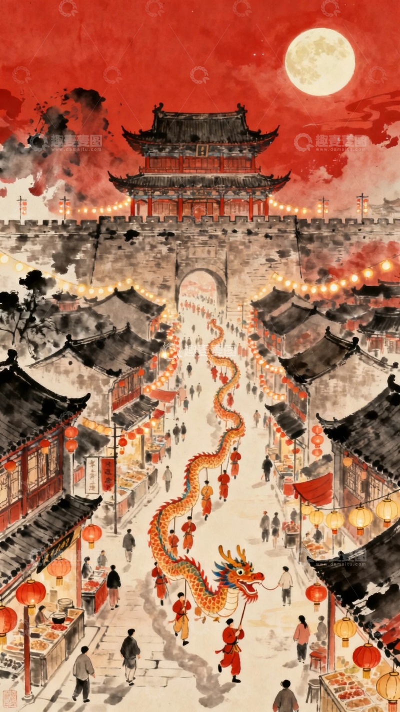 高清大图下载【趣麦麦图】工笔画国画节日背景1
