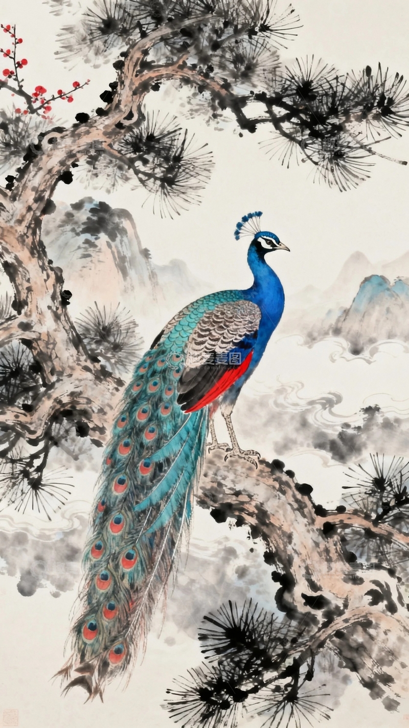 高清大图下载【趣麦麦图】国风工笔画孔雀图6