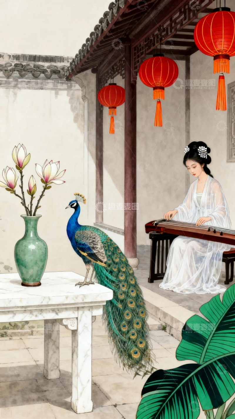 高清大图下载【趣麦麦图】国风工笔画孔雀图1