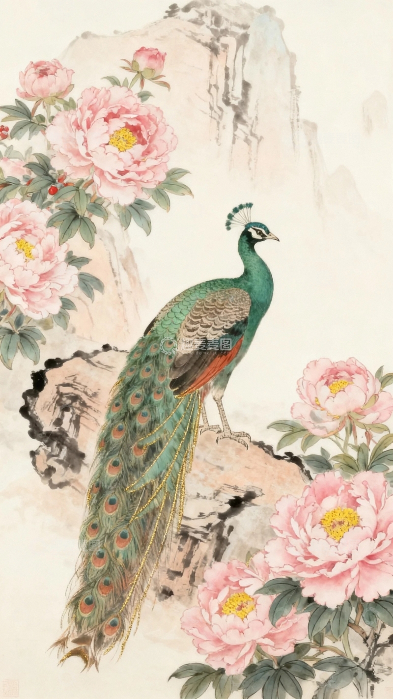 高清大图下载【趣麦麦图】国风工笔画孔雀图8