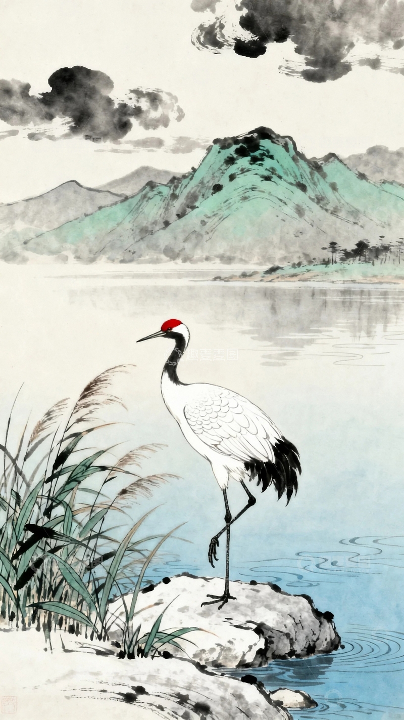 高清大图下载【趣麦麦图】工笔画仙鹤与大自然1