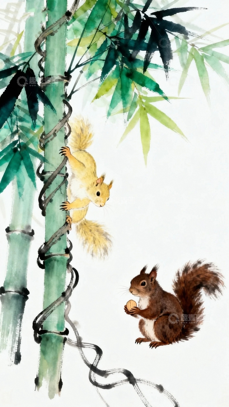 高清大图下载【趣麦麦图】工笔画林间的松鼠4