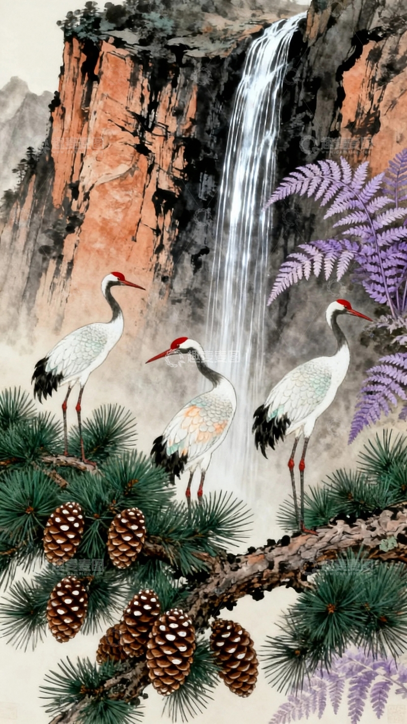 高清大图下载【趣麦麦图】工笔画仙鹤与大自然2