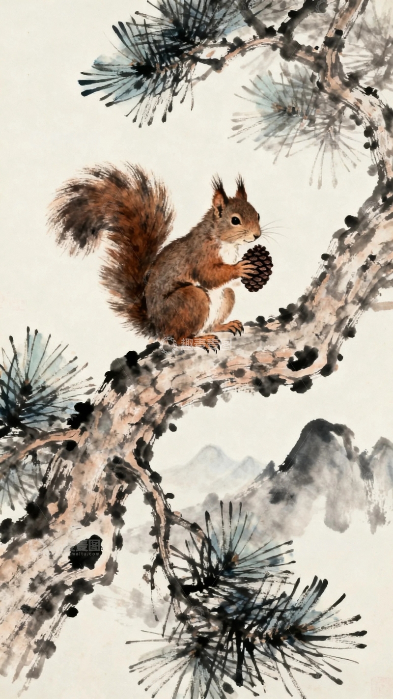 高清大图下载【趣麦麦图】工笔画林间的松鼠15