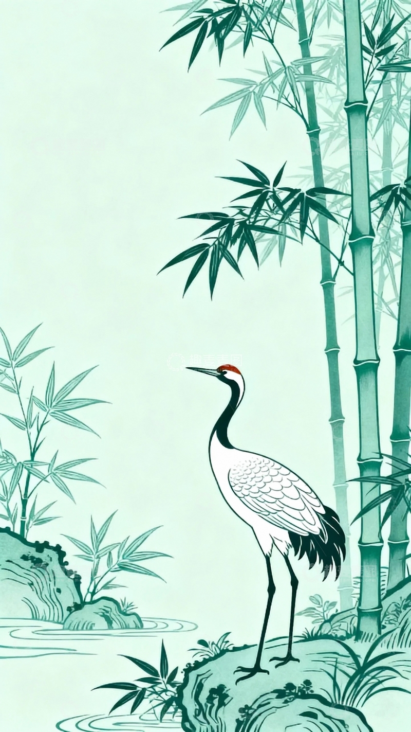 高清大图下载【趣麦麦图】工笔画仙鹤与竹林3
