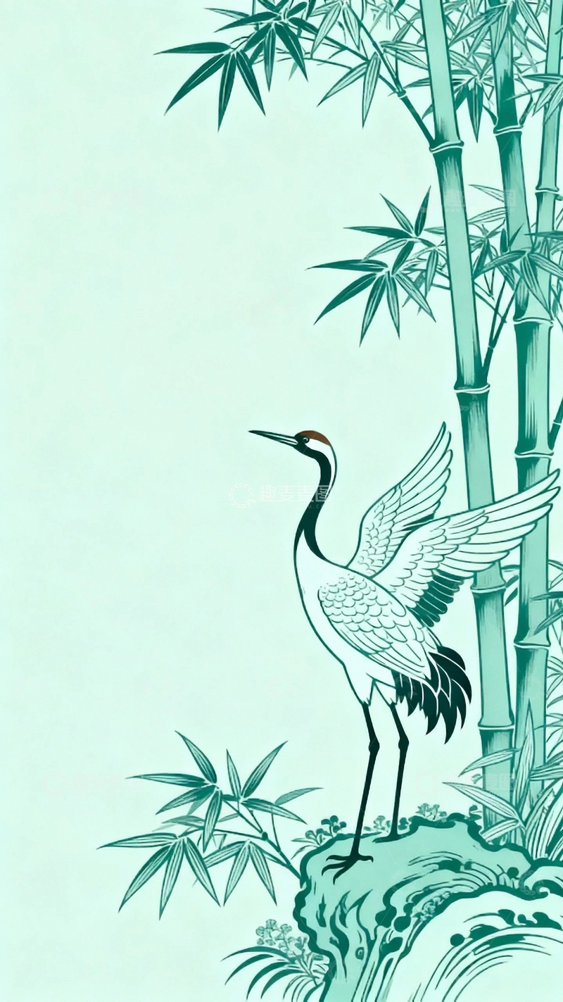 高清大图下载【趣麦麦图】工笔画仙鹤与竹林2