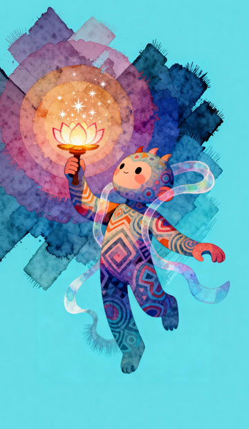 卡通人物持灯艺术插画