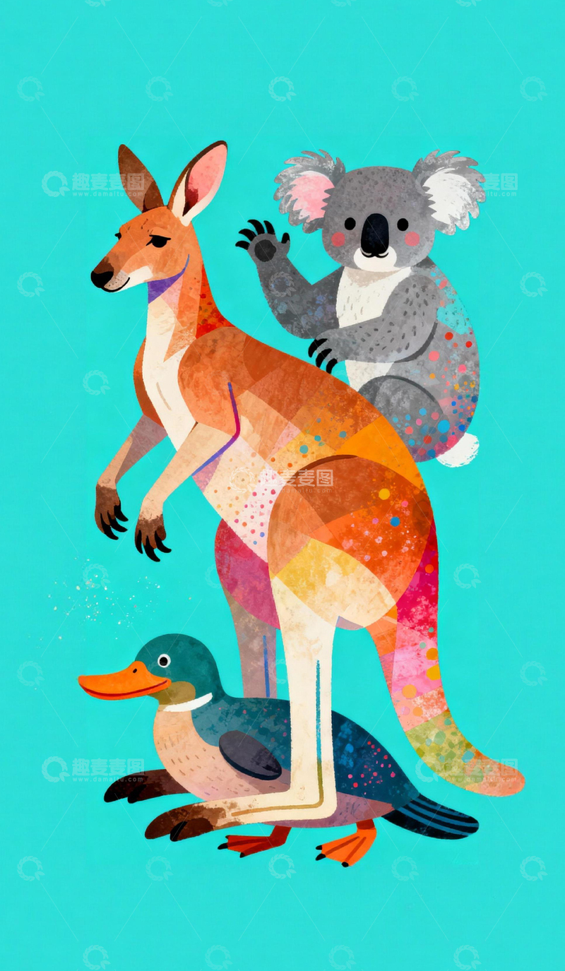 高清大图下载【趣麦麦图】彩绘画袋鼠考拉鸭子