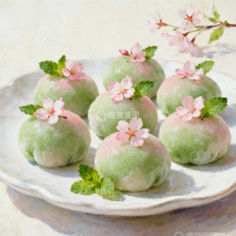 高清大图下载【趣麦麦图】樱花点缀青团美食水彩画