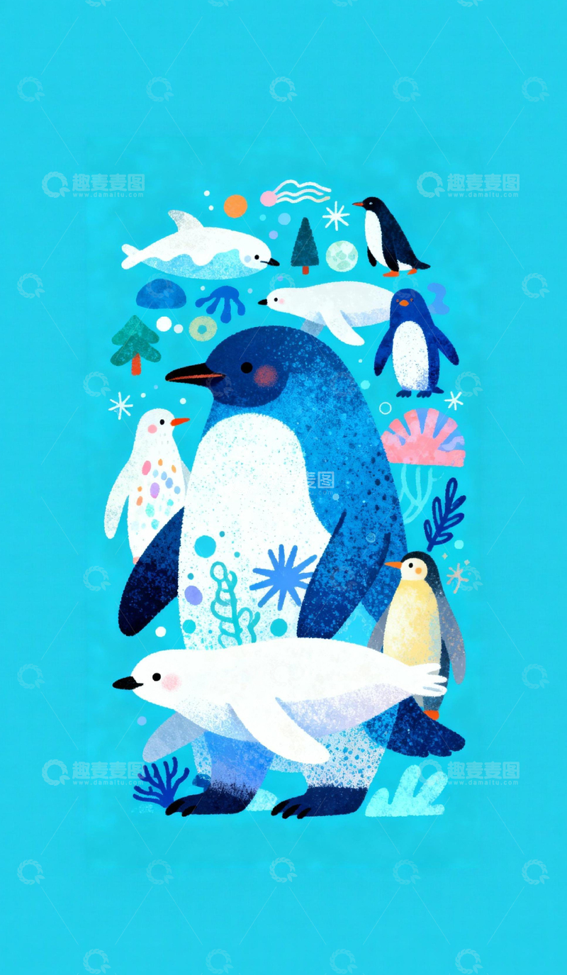 高清大图下载【趣麦麦图】海洋动物插画企鹅海鸟