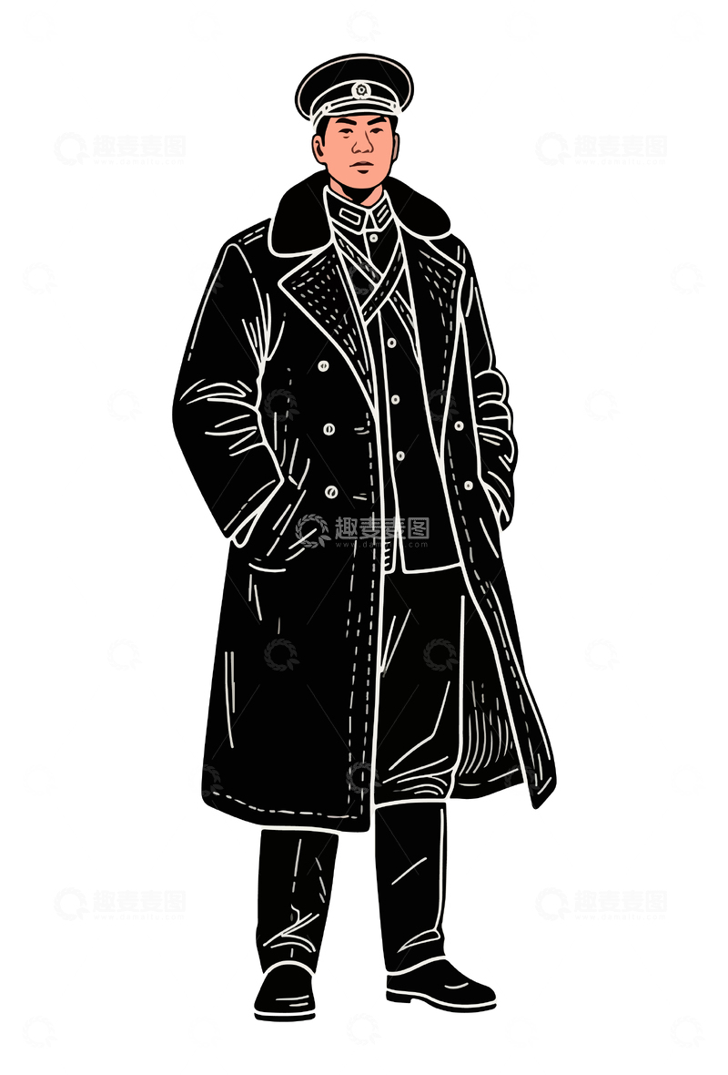 源文件下载【趣麦麦图】-黑白线条军官插画