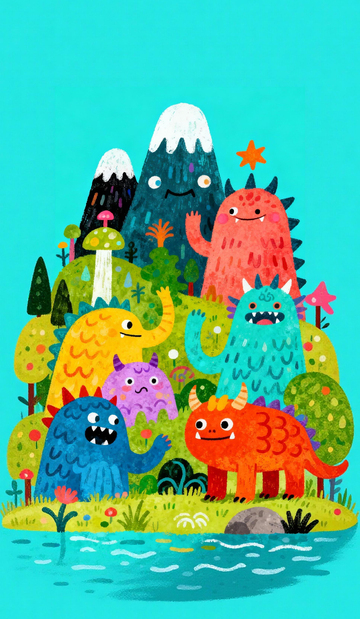 卡通怪兽森林插画