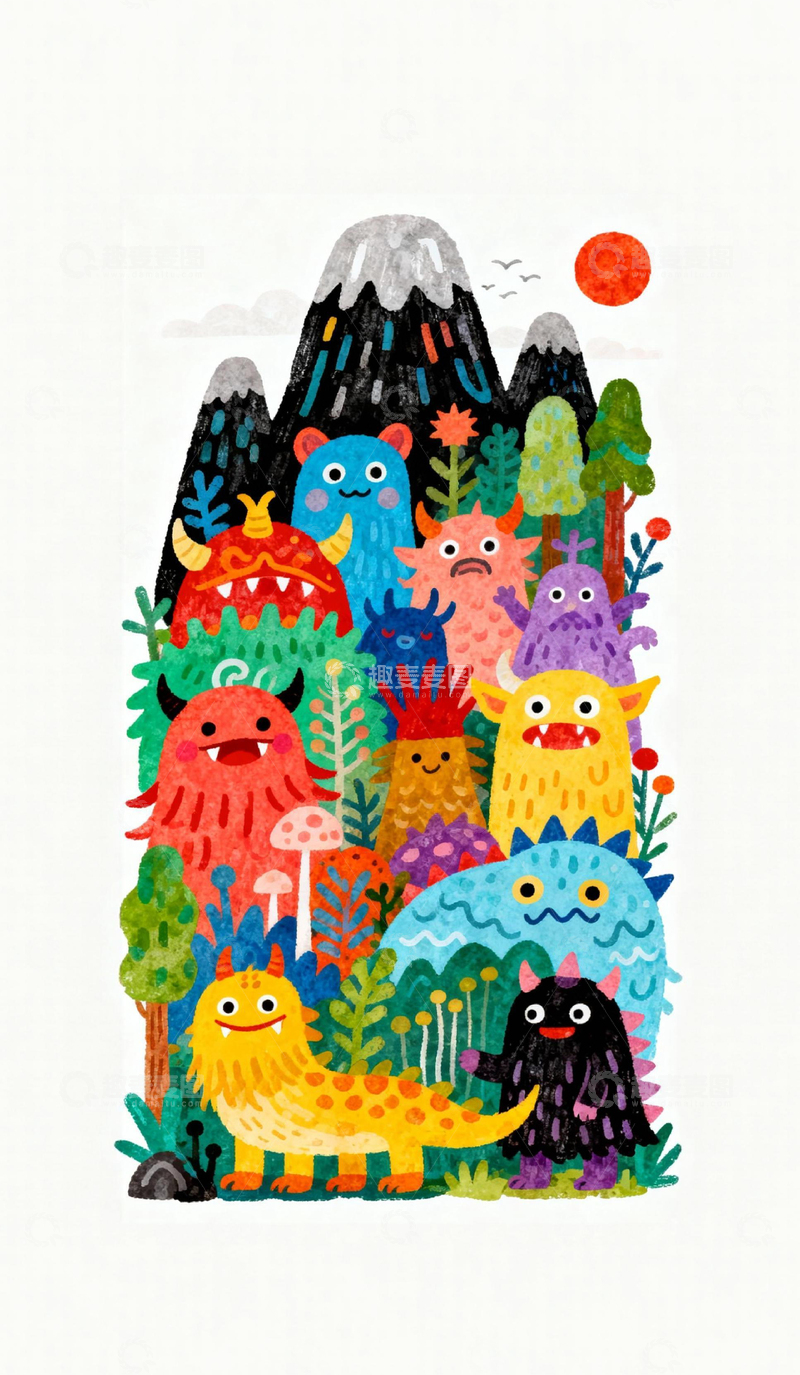 高清大图下载【趣麦麦图】童趣怪物山林彩绘插画