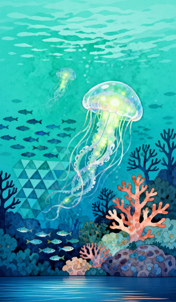 水彩海底世界鱼群水母图