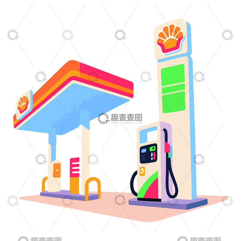 卡通加油站矢量插画设计素材