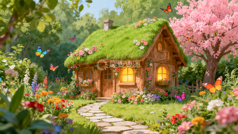 高清大图下载【趣麦麦图】童话风花园小屋插画素材