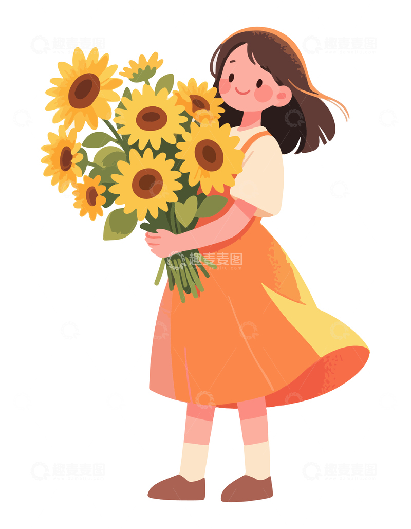 源文件下载【趣麦麦图】卡通女孩抱向日葵插画