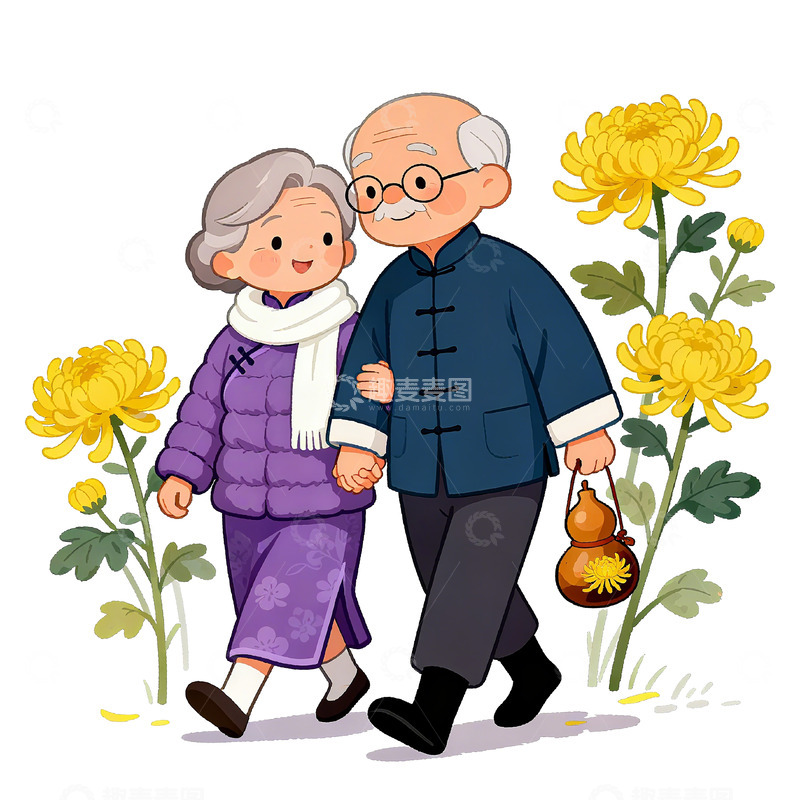 高清大图下载【趣麦麦图】卡通风老年人秋游插画素材