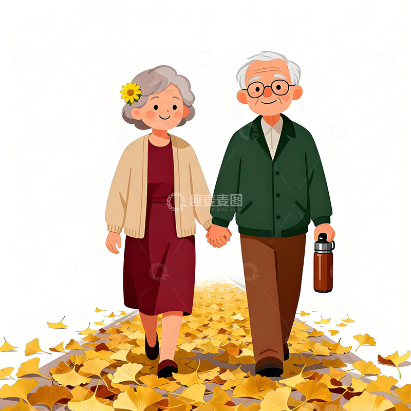 高清大图下载【趣麦麦图】卡通老年夫妇秋日漫步插画