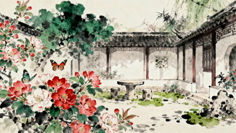 国画春天里开满鲜花的小院3
