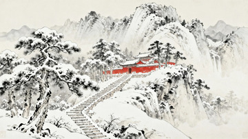 国画大雪过后的古寺3