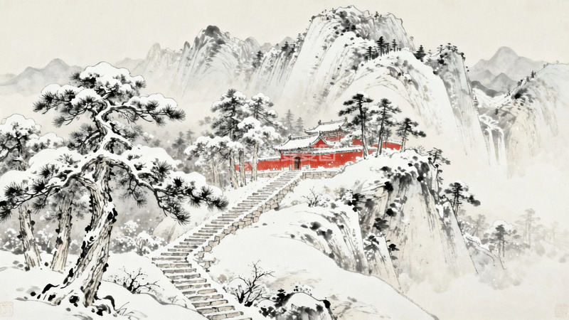 高清大图下载【趣麦麦图】国画大雪过后的古寺3