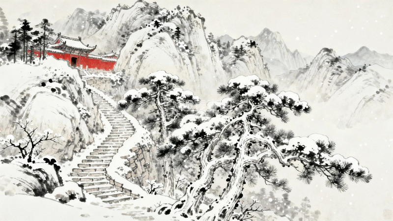 高清大图下载【趣麦麦图】国画大雪过后的古寺7